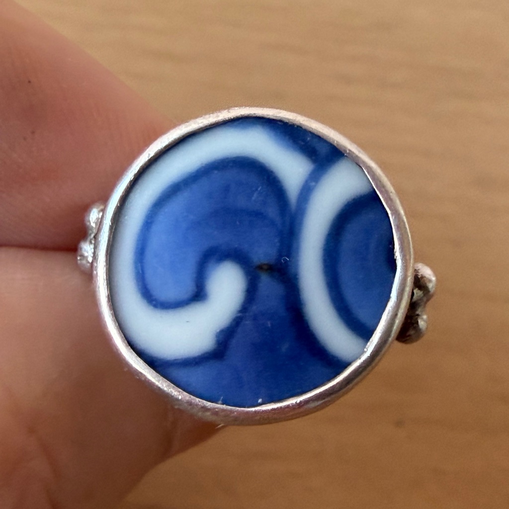 Vintage 925 Sterling Silver White Blue Denim Color Ceramic Ring Adjustable Size
